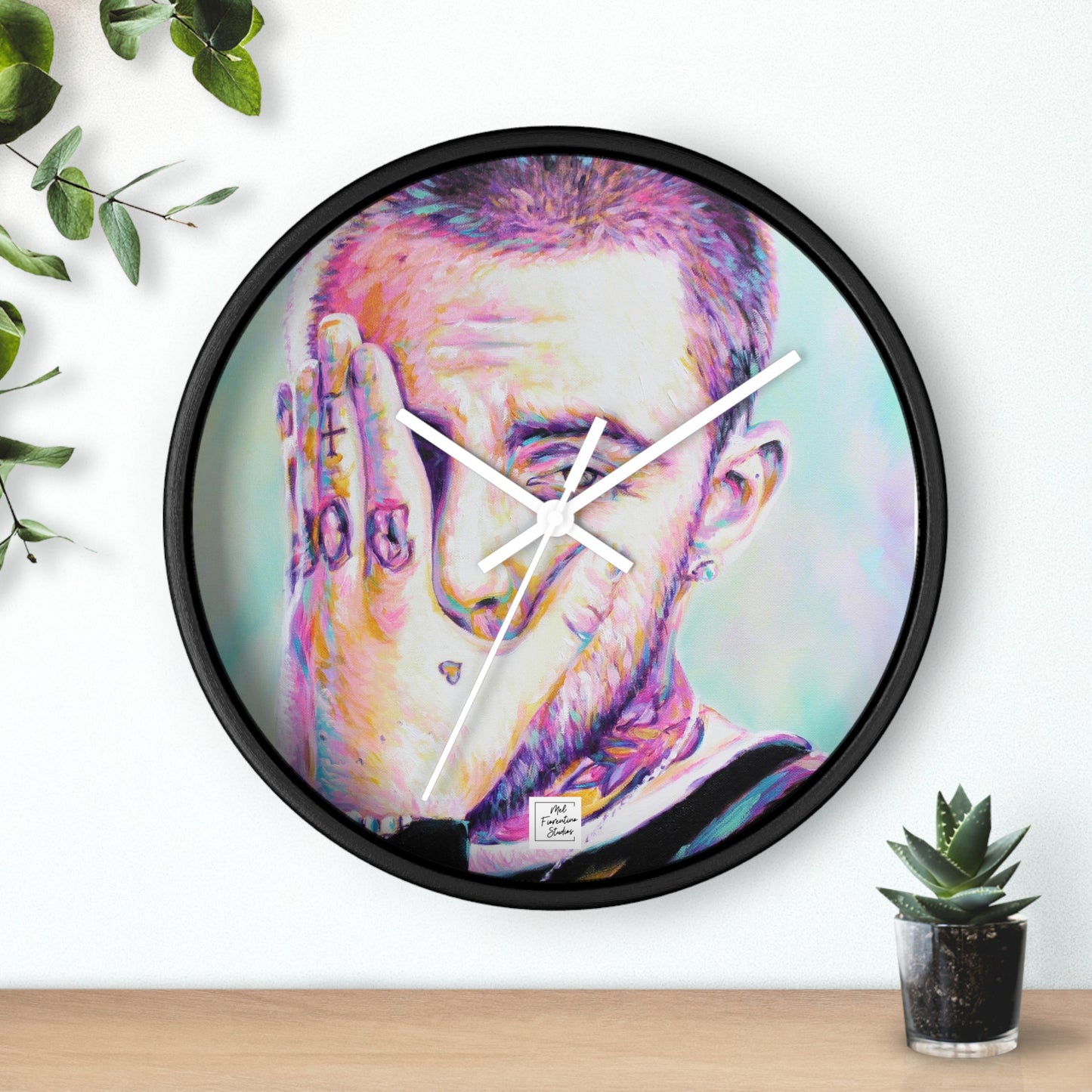 Artistic Wall Clock featuring Mac Miller Portrait by Mel Fiorentino