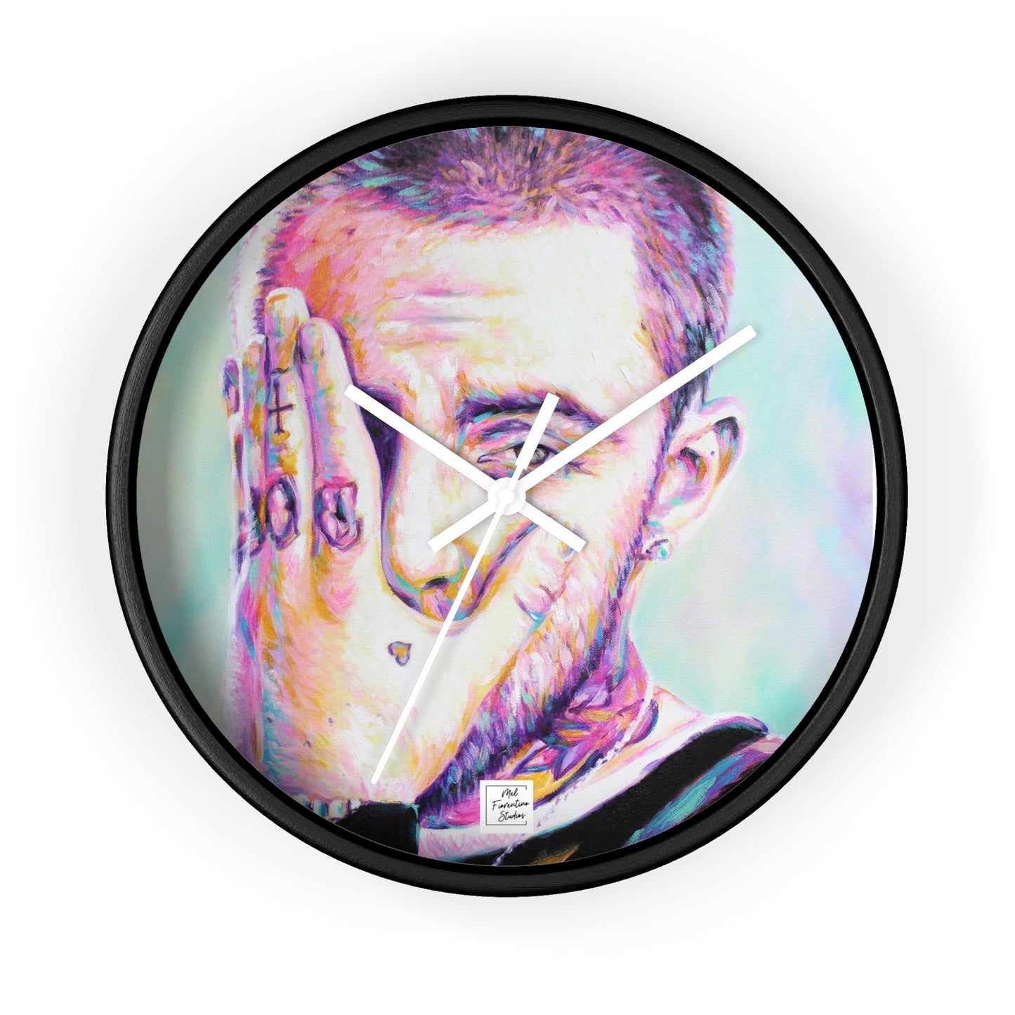 Artistic Wall Clock featuring Mac Miller Portrait by Mel Fiorentino