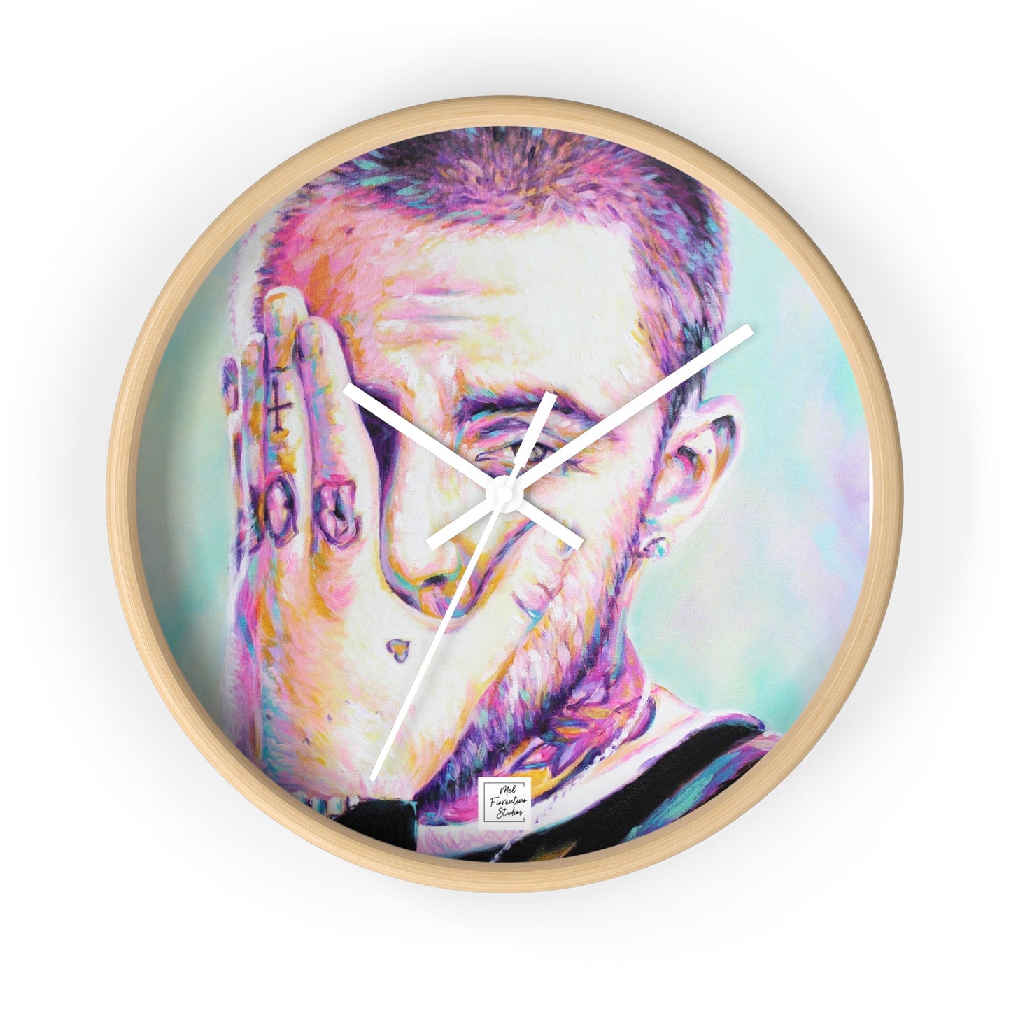 Artistic Wall Clock featuring Mac Miller Portrait by Mel Fiorentino
