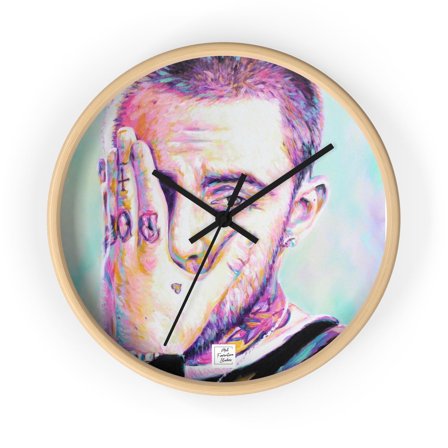 Artistic Wall Clock featuring Mac Miller Portrait by Mel Fiorentino