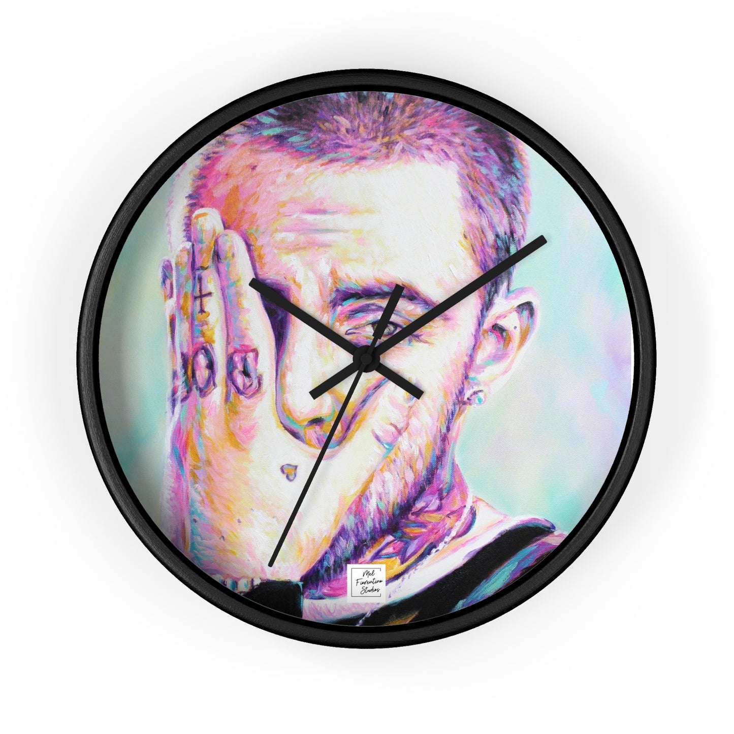 Artistic Wall Clock featuring Mac Miller Portrait by Mel Fiorentino