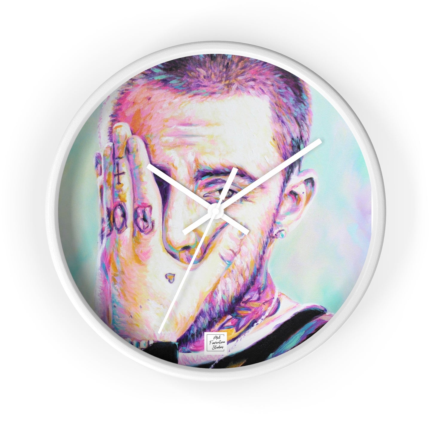 Artistic Wall Clock featuring Mac Miller Portrait by Mel Fiorentino