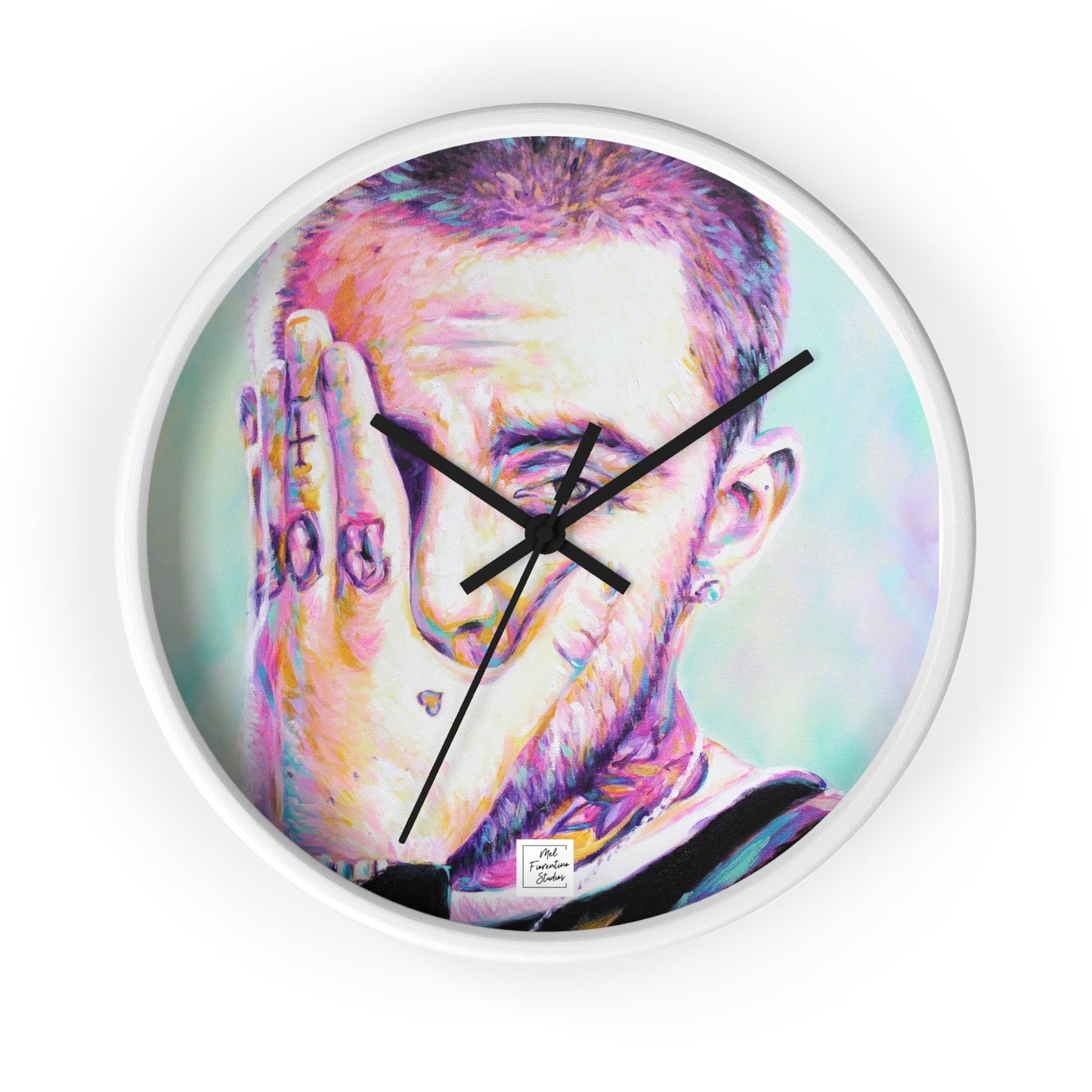 Artistic Wall Clock featuring Mac Miller Portrait by Mel Fiorentino