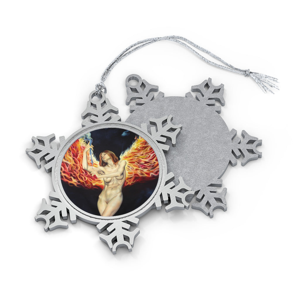 Embracing the Fire Pewter Snowflake Ornament by Mel Fiorentino