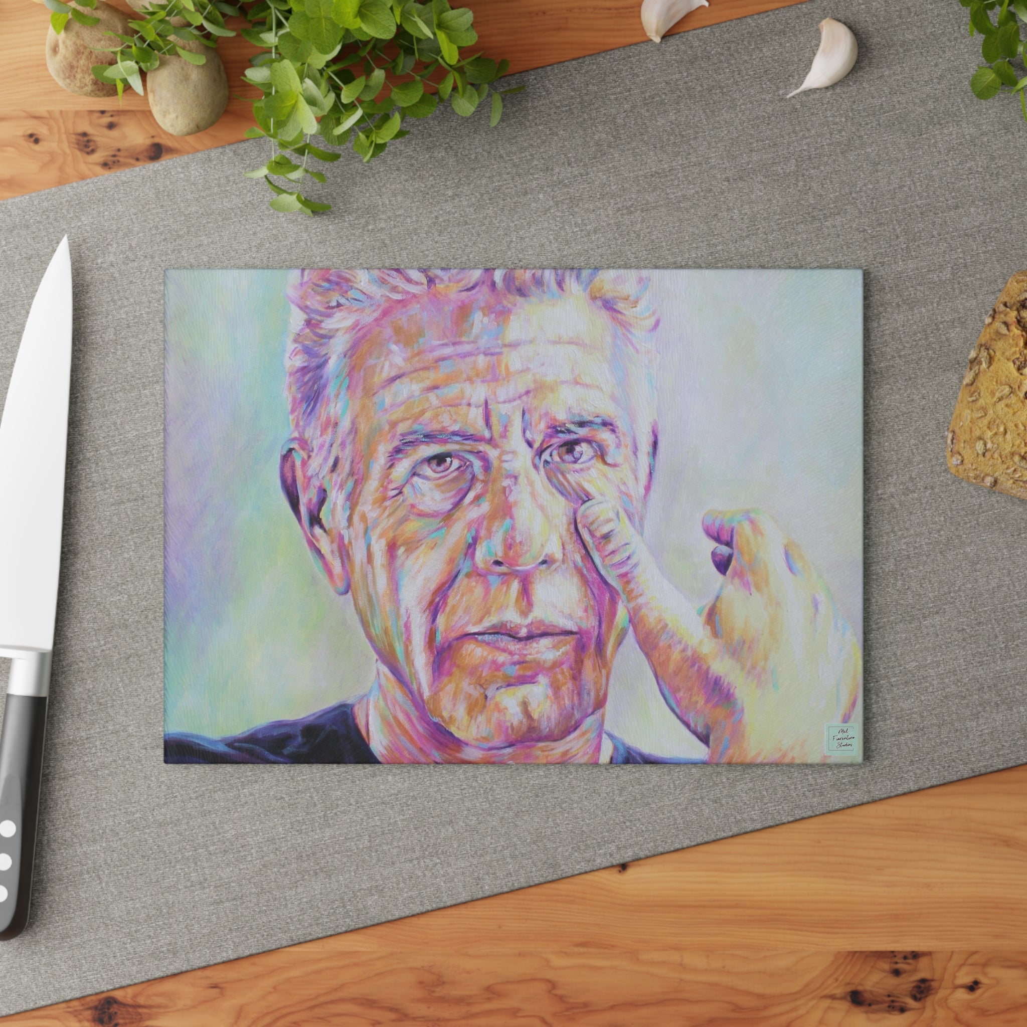 Anthony Bourdain Glass Cutting Board by Mel Fiorentino