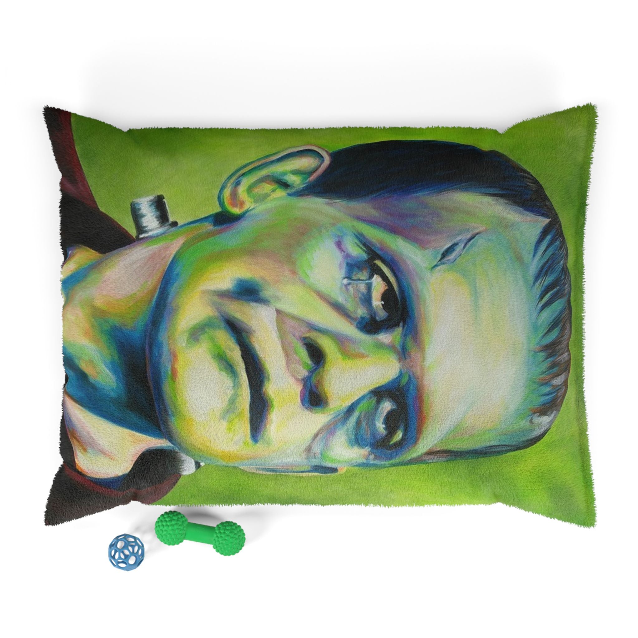 Frankenstein Pet Bed - Vibrant Green Plush Pet Cushion by artist Mel Fiorentino